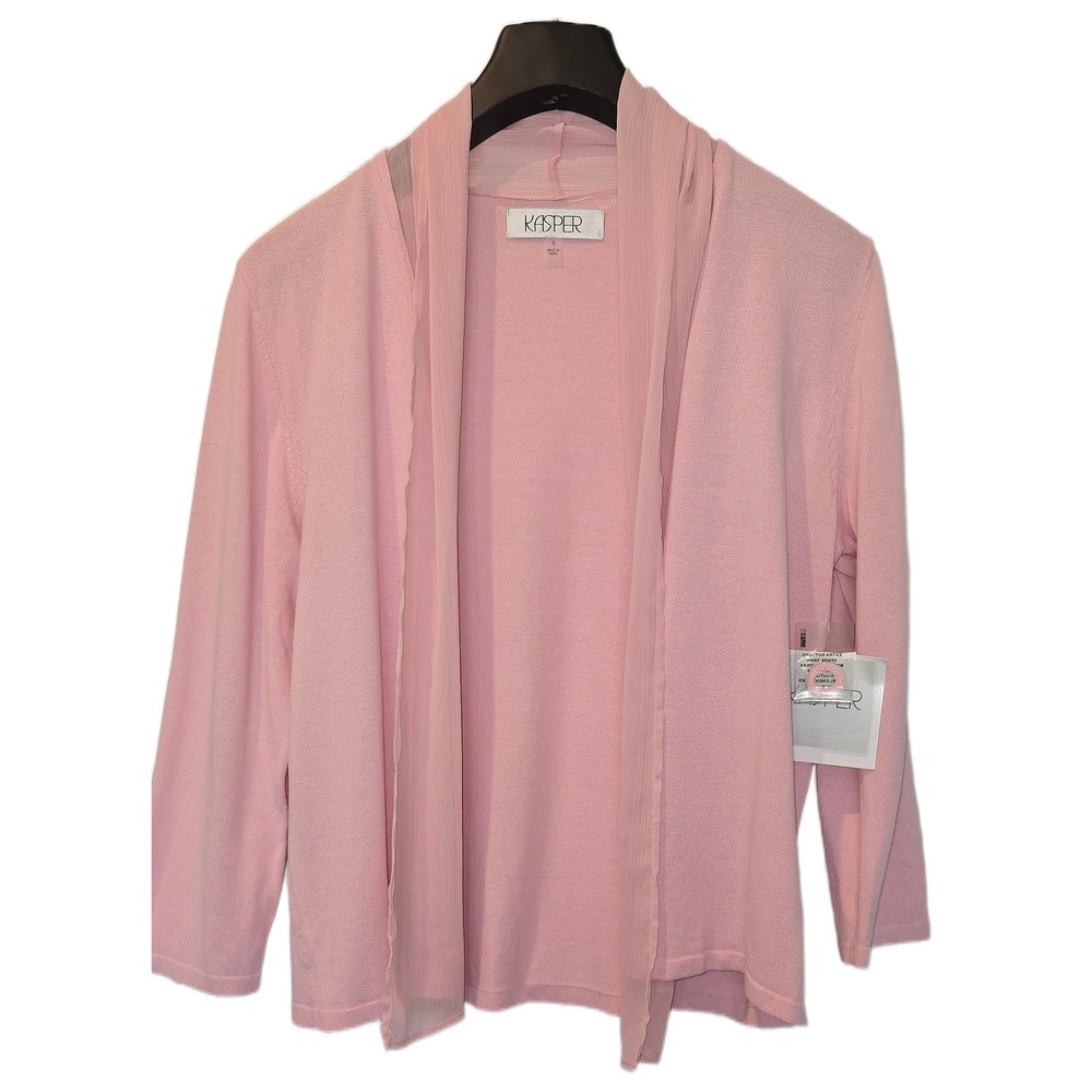 Kasper Women Pink Open Front Cardigan Chiffon Trim Lightweight Knit S NWT
